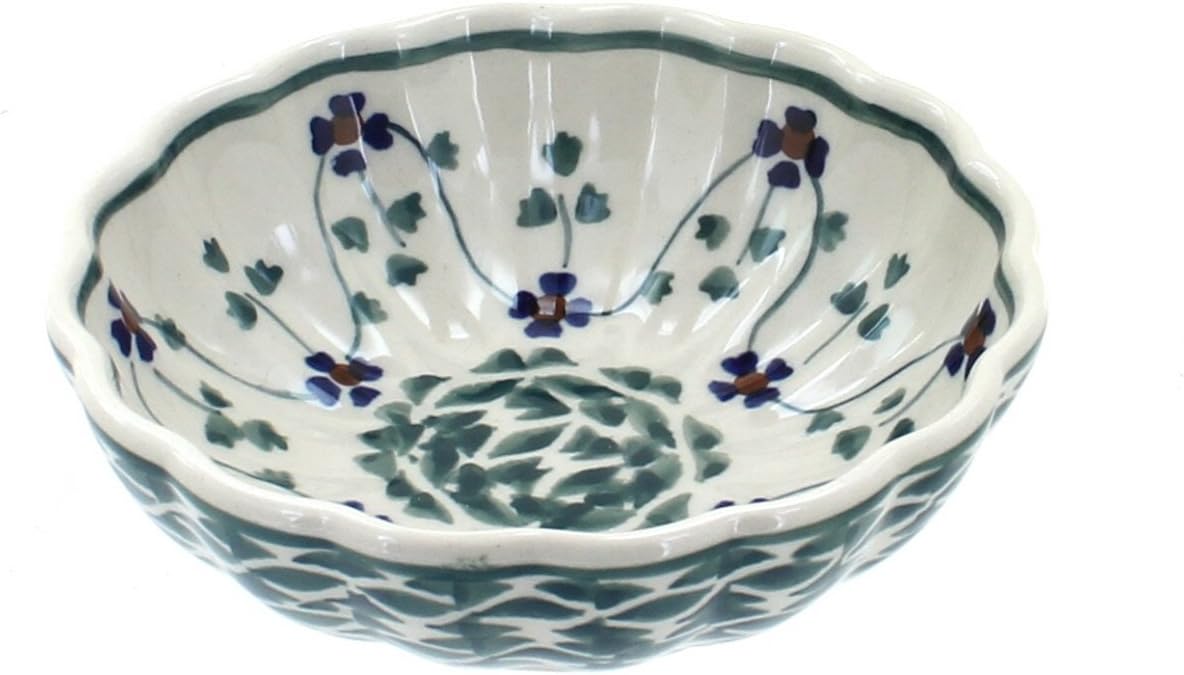 Blue Rose Polish Pottery - Green Sage Floral Small Scallop Bowl - 4.5" Diameter - Unique Dish for Appetizers, Nuts, or Candy