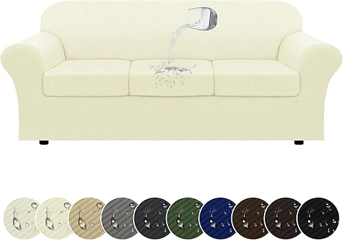 Miniatura 66 de Funda para sofá 100% impermeable, juego de 4 piezas, funda de sofá a rayas para sofá de 3 cojines, con parte inferior de TPU a prueba de fugas