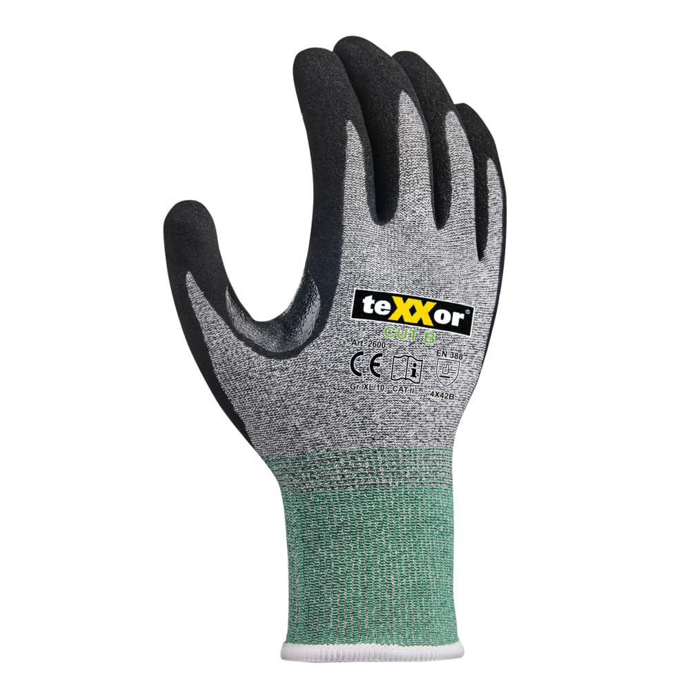 texxor 144 Stück Schnittschutz-Strickhandschuhe 2600, CUT B, grau-schwarz, 12/XXXL, Karton, Schnittschutzhandschuhe, Arbeitshandschuhe, Küchenhandschuhe