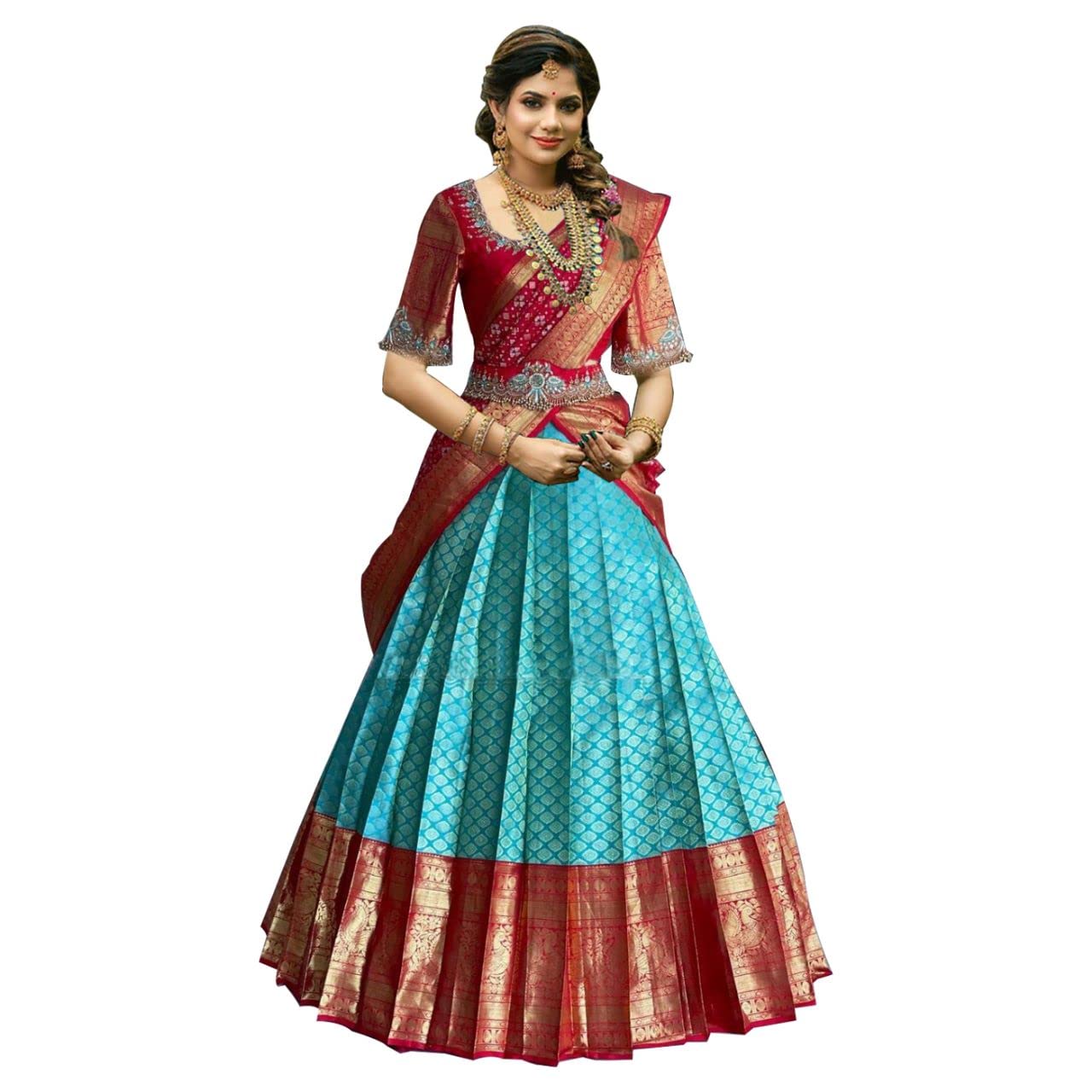 WILLFE Kanjivaram Soft Pure Zari Silk Traditional Lehenga Saree, Unstitched Lehenga Choli, Half Saree.