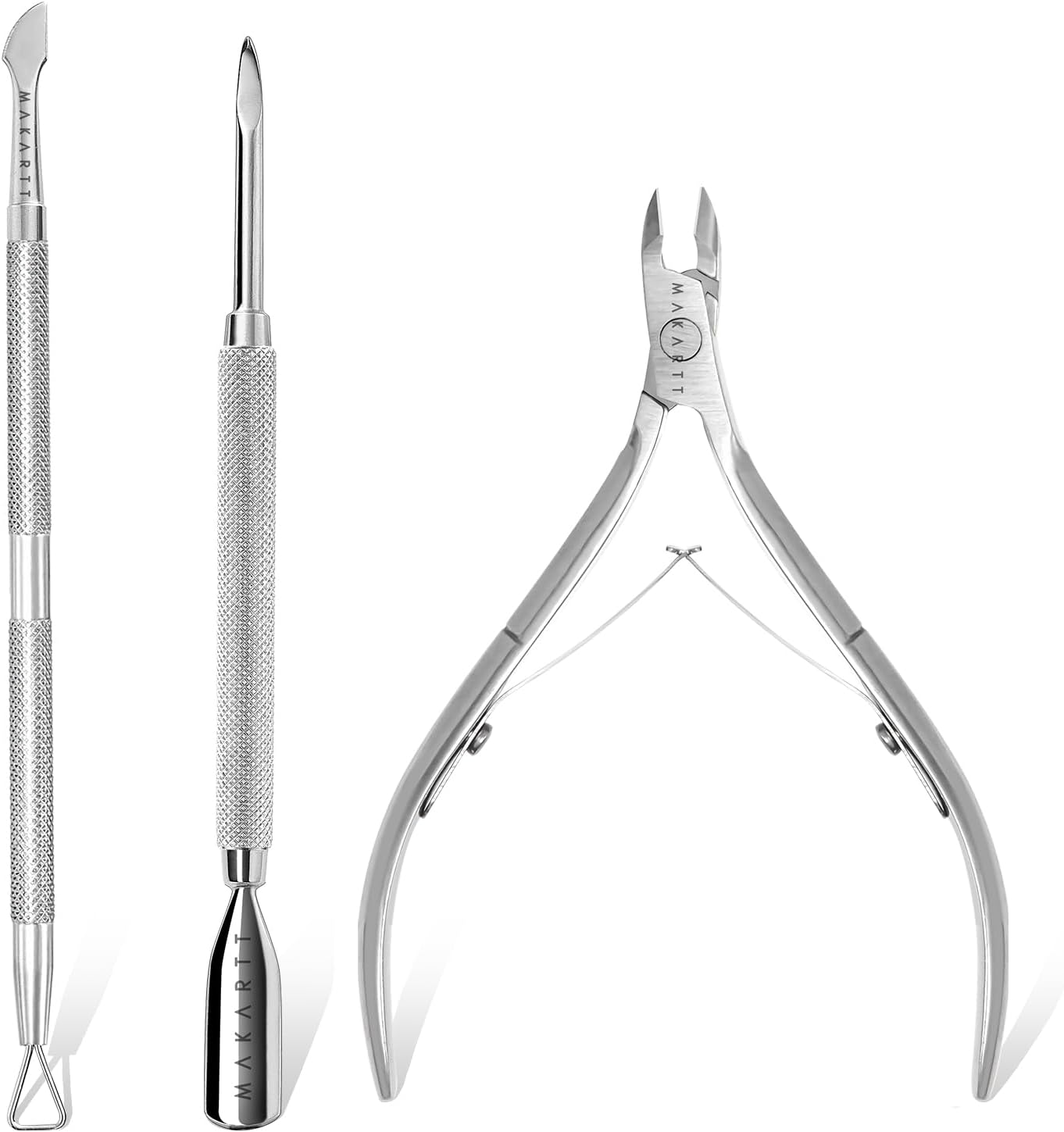 Makartt Cuticle Trimmer with Cuticle Pusher, Silver Nail Trimmer Nail Care Manicure and Pedicure Kit with Stainless Steel Cuticle Nipper and Dual End Nail Pushers for Home Salon Use (Pack of 3 PCS)