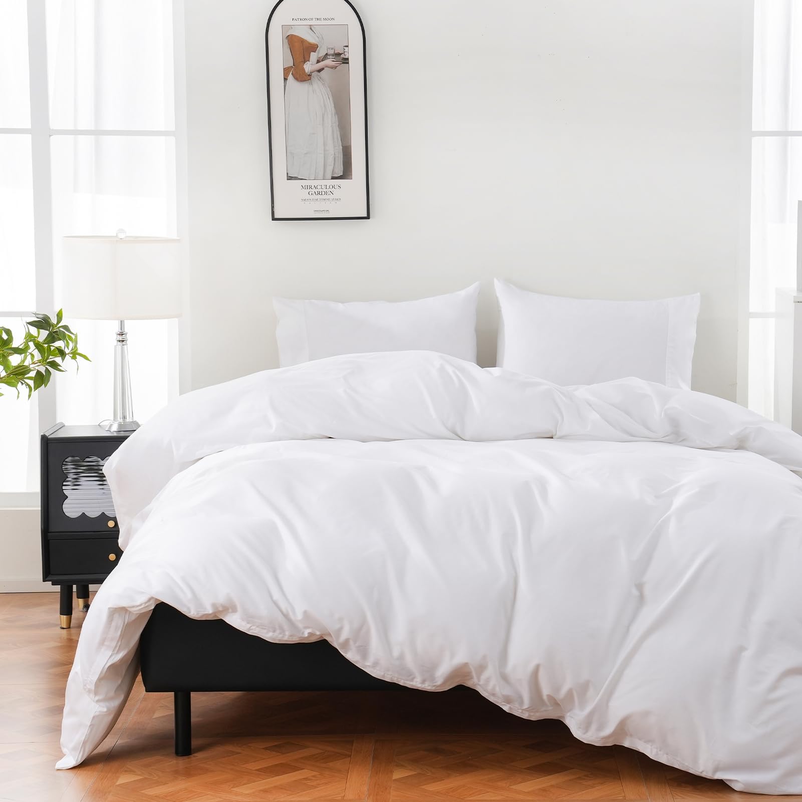 100% Organic Cotton Duvet Cover Queen Size 400 Thread Count Sateen Comforter Cover Soft and Breathable Cooling Bedding Set 3 Piece（White,Queen）