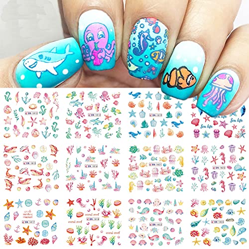 Firot Summer Ocean Nail Stickers Nail Art Water Transfer Decals Summer Nail Art Supplies Ocean Design Sticker Acrylic Nails Mixed Shapes Nail Ocean Shell Starfish Sea Animals 12 Sheets, 12 Piece Set #TOP1