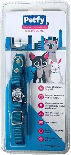 Mini collar cian para perros y gatos con etiqueta de aluminio QR