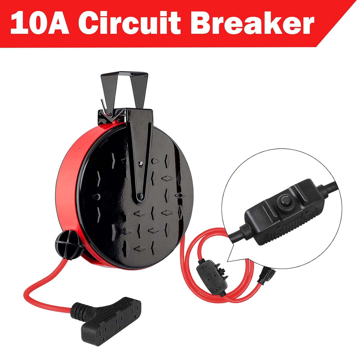 EP 30 Ft Retractable Extension Cord Reel, 16/3 SJTW Power Cord with 3 Electrical Outlets, Ceiling or Wall Mount, 10 Amp Circuit Breaker, Metal Plate, UL Listed, Red