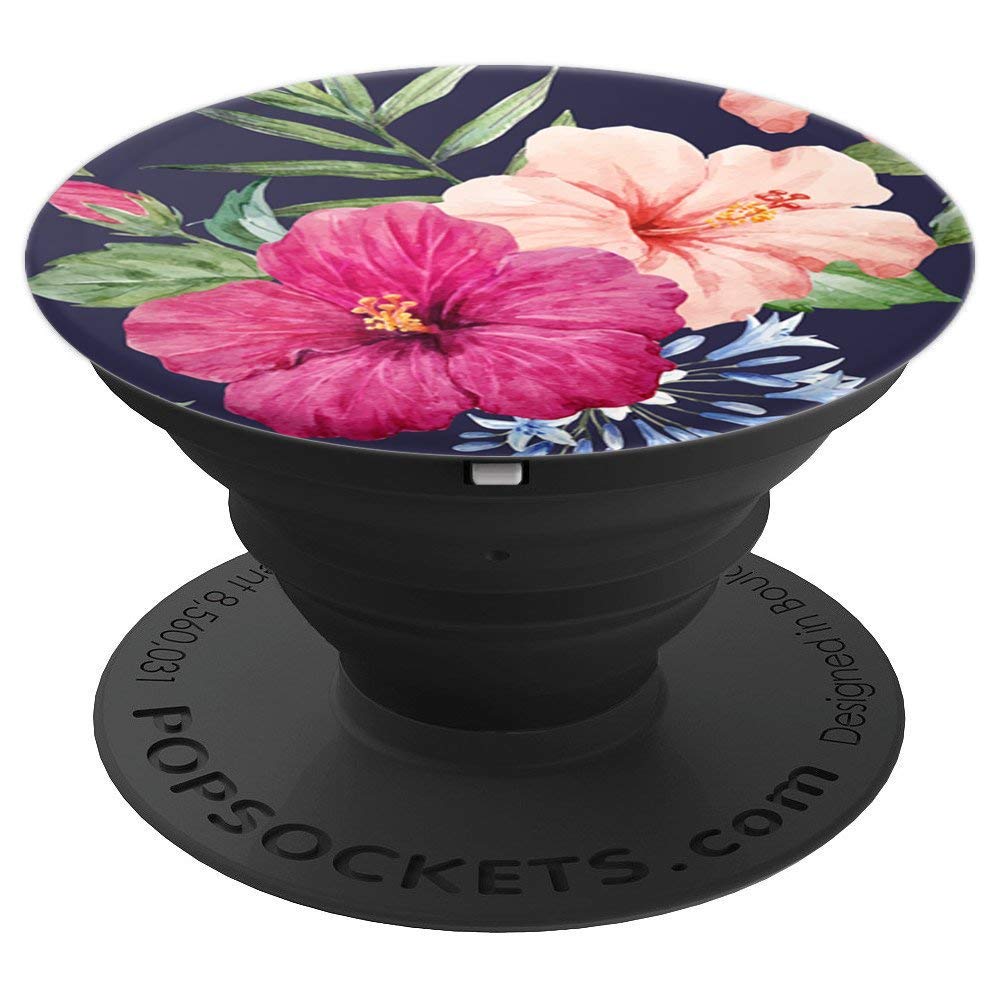 Cute Floral Print Bouquet Hibiscus Pattern Design On Navy PopSockets PopGrip: Swappable Grip for Phones & Tablets