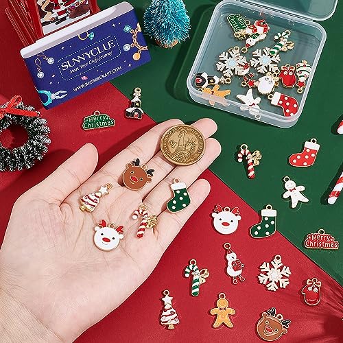 SUNNYCLUE 1 Box 40Pcs 20 Styles Christmas Charms Bulk Winter Tree Gingerbread Man Snowman Snowflake Gifts Box Enamel Rhinestone Tree for jewellery Making Charms DIY Necklace Earring Women Adults Craft - Image 3