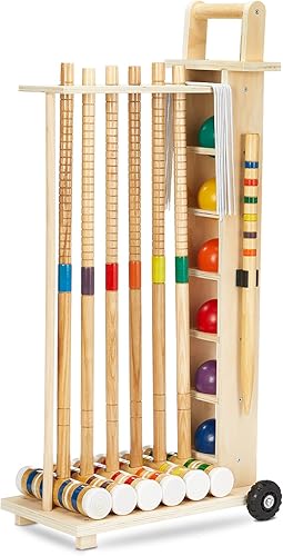 Hiboom Juego de croquet para 6 jugadores para adultos con soporte de madera, mazos de madera de goma, bolas de colores y mimbre de acero para