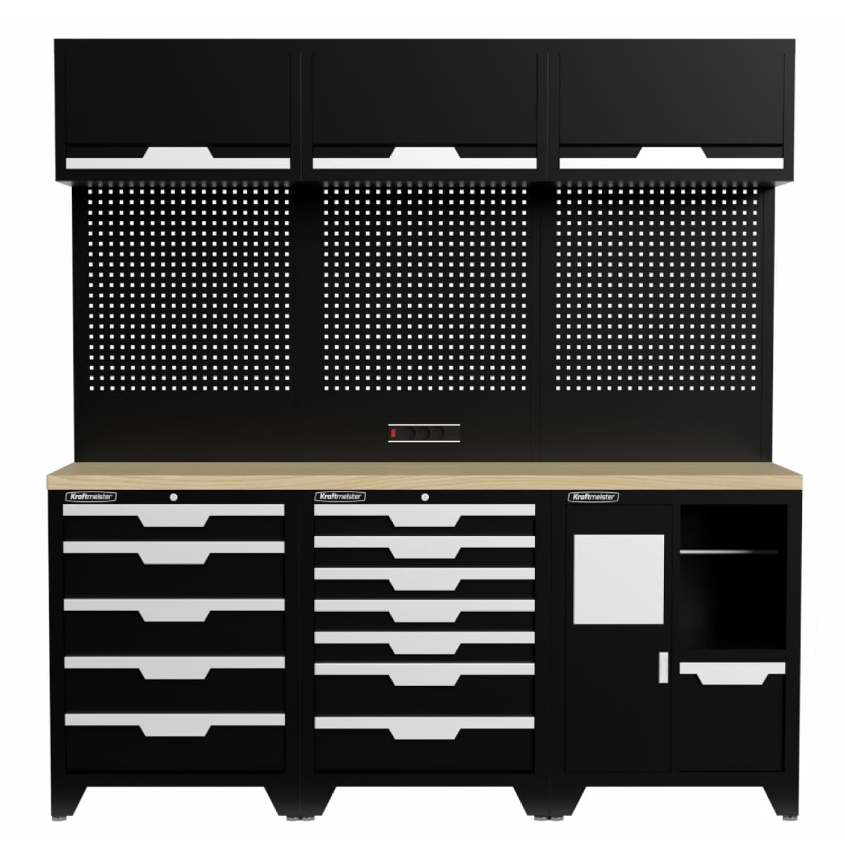 Werkstatteinrichtung - Männerküche mit 12 Schubladen, 3 Schränken und 1 Abfalleimer mit Papierrollenhalter - Werkzeugschrank, Garage - modulares Werkbank mit Holzarbeitsplatte - Schwarz