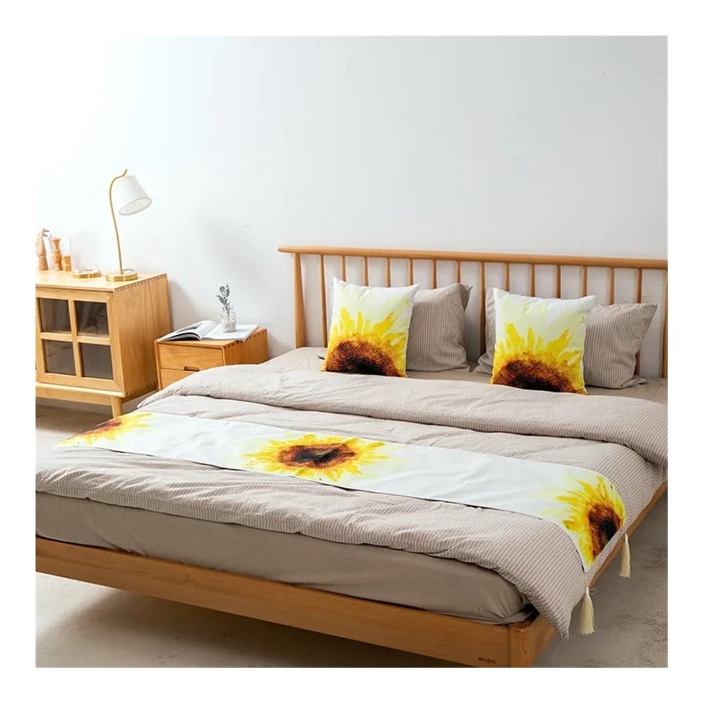 Bandera de cama impresa para hoteles de casa de familia pequeña, fresca, suave y cómoda, bufanda con borla colgante minimalista (blanco, 45 x 180 cm)