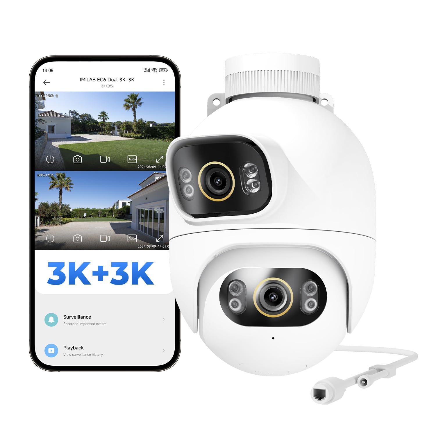 IMILAB 6K (5MP+5MP) Caméra Surveillance Extérieure Filaire, Double Objectif WiFi Camera Exterieur 360° Rotation, Work w/Xiaomi Home App, Vision Nocturne, Audio Bidirectionnel—EC6 Dual 3K+3K