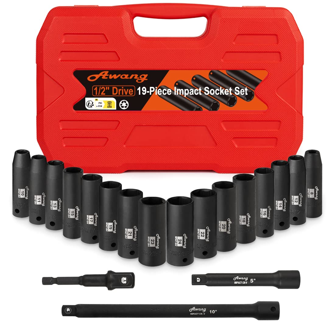 Awang Kraft, set di dadi per avvitatore a percussione, 1/2", 8-24 mm, con asta di prolunga da 5,10", 1/4 Adatper, 19 pezzi