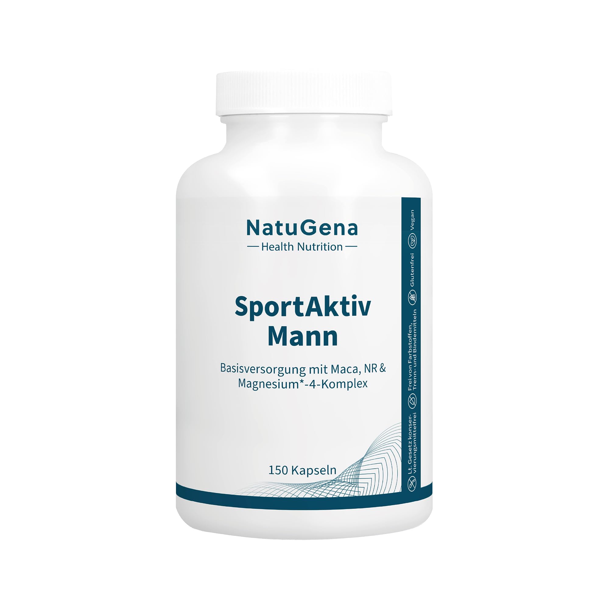 NatuGena SportAktiv Mann, Basisversorgung mit 600mg Maca, 300 mg Nicotinamid-Ribosid, 50 mg Betain, 10 mg Citicolin & 25 mg Inositol, Vitamin B6 & B2, vegan, 150 Kapseln (30 Tage Packung)