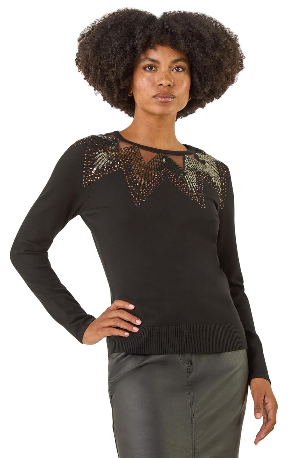 Roman Originals Sparkly Mix Knit Top for Women UK - Ladies Everyday Autumn Winter Round Neckline Comfy Soft Evening Vacation Work Party Night Out - Black - Size 14
