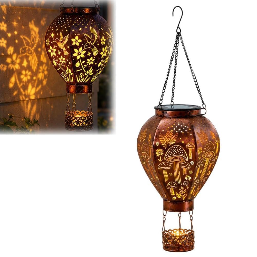 Solar-Powered Hot Air Balloon Lantern, Hot Air Balloon Solar Lantern Outdoor Garden Decor, Hummingbird/Mushroom Solar Lights, Waterproof Hanging Solarlantern for Yard Tree,Backyard,Patio (Mushroom)