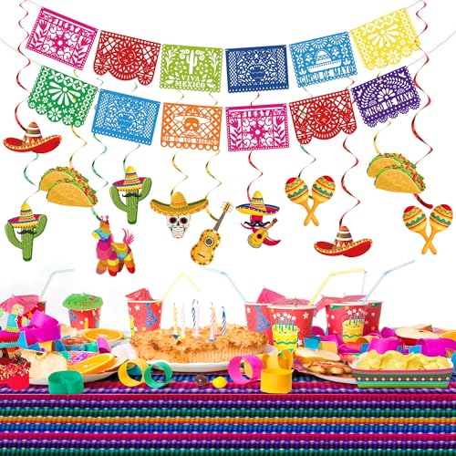 Image of 20 PCS Fiesta Party Decorations Set Mexican Banner Cinco De Mayo Mexico Banner Hanging Swirls and Honeycomb Centerpieces for Mexican Theme Fiesta Taco Birthday Party Decoration