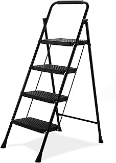 4 Step Ladder, Portable Sturdy Steel Ladder with Handrails, Lightweight Folding Step Stool with Wide Anti-Slip Pedal,Large Capacity Ladder for Home Kitchen Library Office