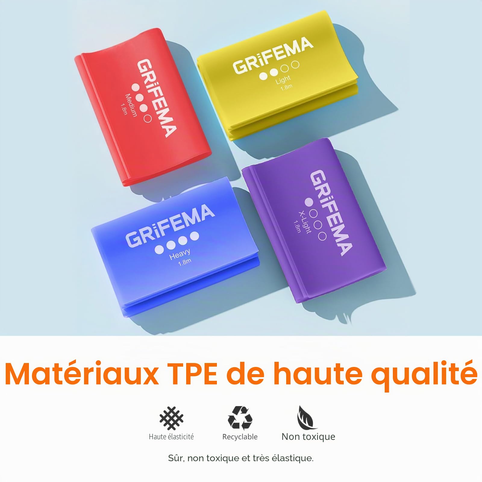 GRIFEMA GA5002 4 Bandes Élastiques de Musculation 4 Niveaux de Résistance Pilates Yoga