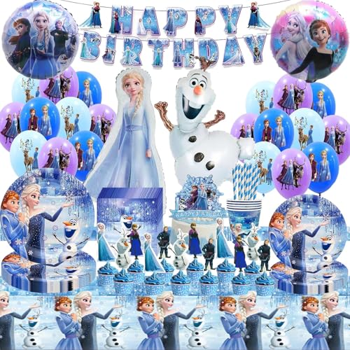 109 Pièces Decoration Anniversaire Fête Vaisselle Ballon Kit Rein des Neige 3Ans,Froze Anniversaire Vaisselle Kit 4 Ans,Frozen Decoration Anniversaire Filles Ballon Rein des Neig Assiettes, Serviettes