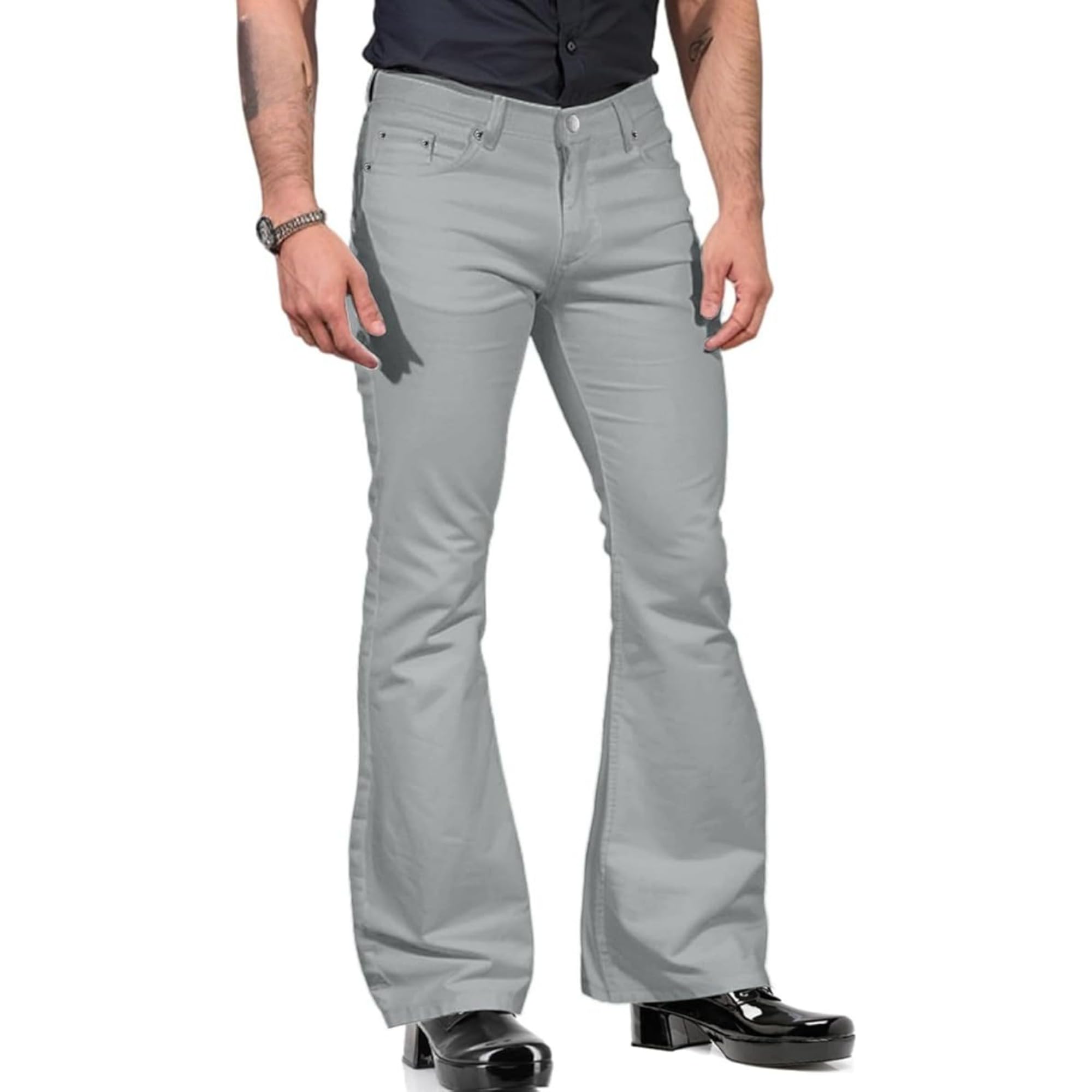 Mens Bell Bottom Jeans Casual Stretch Classic Retro Denim Pants 70s Outfits Vintage Flare Disco Pants with Pockets