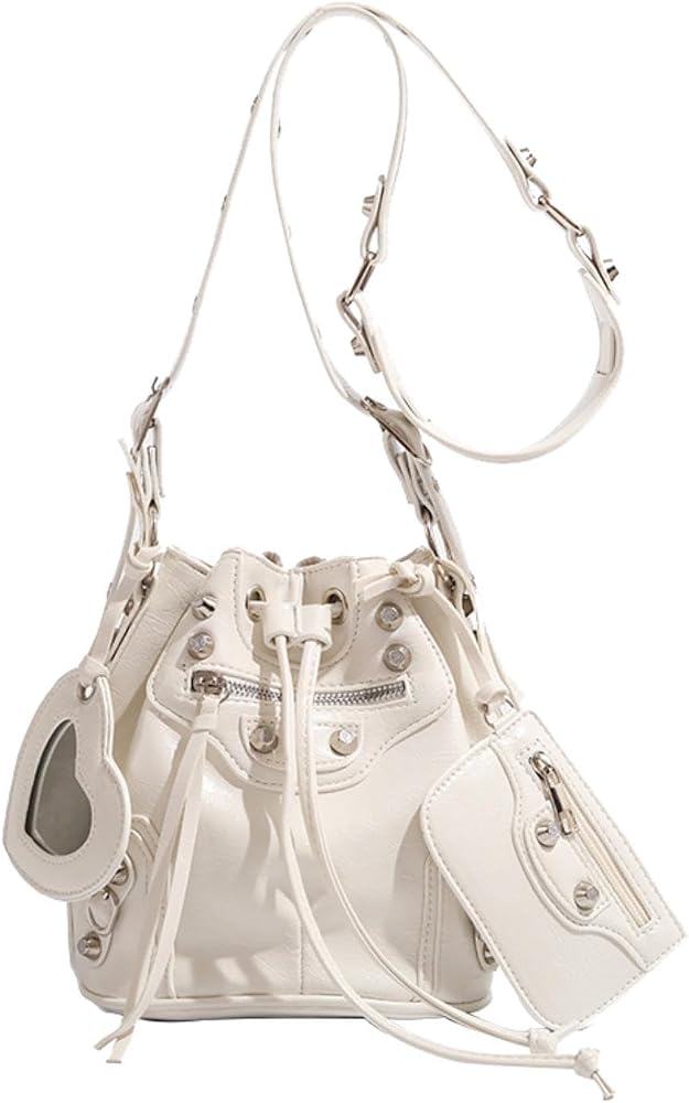 Women Bucket Bag Drawstring Lightweight Rivets Design Trendy Crossbody Purse White - ECOMISTIQ