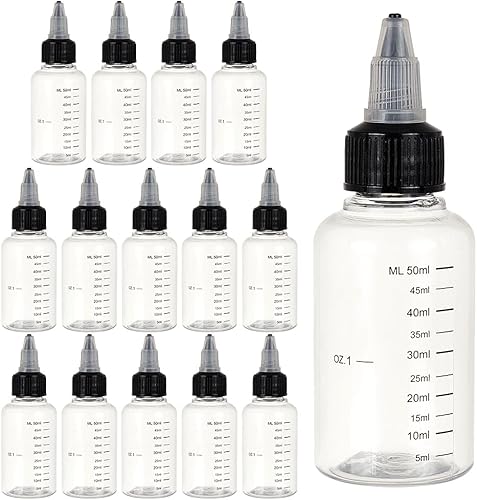 BENECREAT Paquete de 15 botellas dispensadoras de plástico transparente de 1.7 fl oz con tapa giratoria y medición graduada para líquidos, tintas,