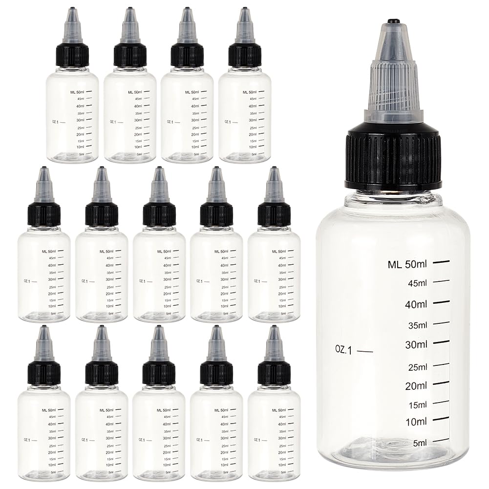 BENECREAT 15 Pack 50ml Transparent Plastic Dispensing Bottle with Twist Cap and Graduated Measurement for Liquids, Inks, Oils, Arts and Crafts
