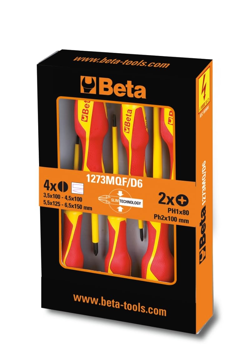 BETA - Set Giraviti Slim Isolati Professionali 6 Pezzi, Cacciaviti da Elettricista con Impugnatura Ergonomica e Stelo Isolato per Lavori su Impianti Elettrici, Serie 1272/1274 MQF/D6