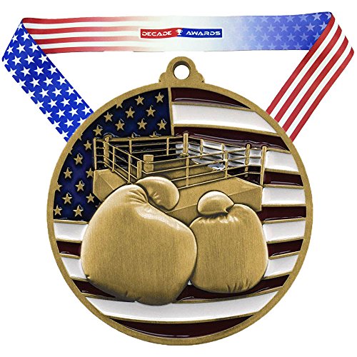 Decade Awards Patriotic Boxing Medal - Custom Engraved Gold Boxing Medal with Stars and Stripes Neck Ribbon, 2.75 Inch Wide - Customize Now (Gold-SSNB)