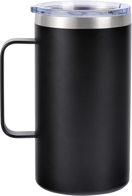 NymphFable 24 oz Black Travel Mug Tumbler with Lid and Handle Insulated Coffee Cup Coffee Mug Double Wall Stainless Steel