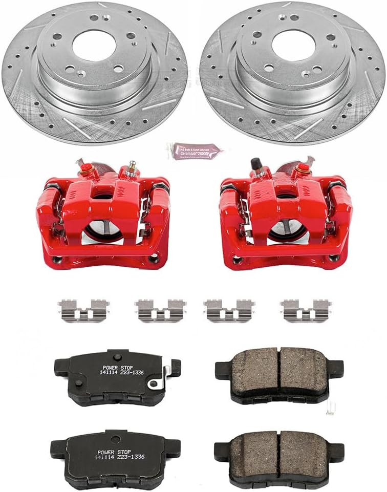 PowerStop Rear Brake & Caliper Kit for Acura TSX 2009-10 | Honda Accord 2008-10 - Carbon-Fiber Ceramic Brake Pads + Drilled & Slotted Rotors + Red Powder Coated Calipers, KC3127