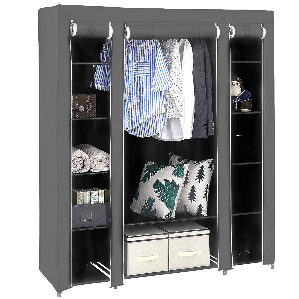 LANTUS Armario Tela Plegable– Guardar Ropa Organizador de Textil Tela Portátil con Cremallera y Barra de Armario per Colgar – Closet Estanteria Exterior(Gris, 172 * 134 * 43cm)