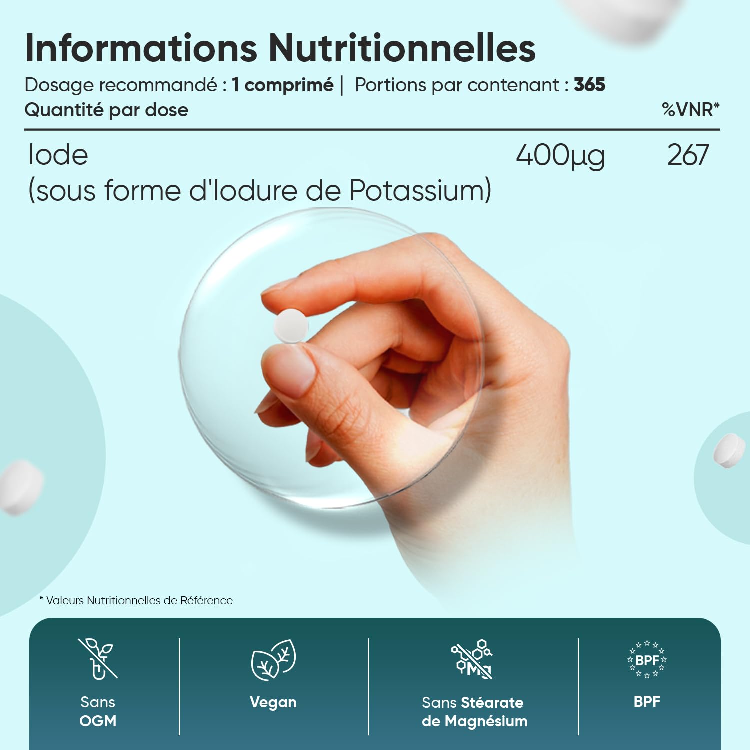 Iode 400μg - 365 Micro Comprimés Vegan - 1 Comprimé tous les 3 Jours - Iodure de Potassium Stable sans OGM ni Stéarate de Magnésium - Apport Standardisé d'Iode