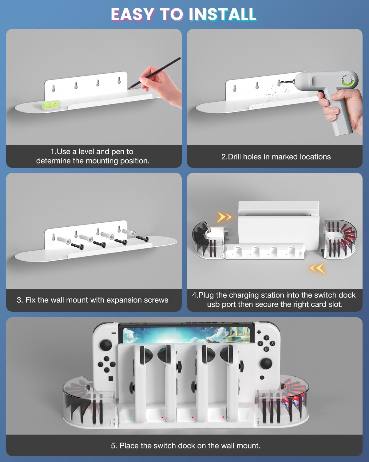 KUNSLUCK Switch supporto da parete con caricatore J-Con, kit da parete per Nintendo Switch/OLED, supporto da parete Switch stazione di ricarica con 20 carte da gioco e 6 caricabatterie per J-Con