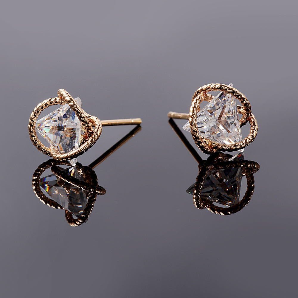 Geometric Triangle Cubic Zirconia Stud Earrings for Womens, Gold-Plated-Brass,… - Image 2