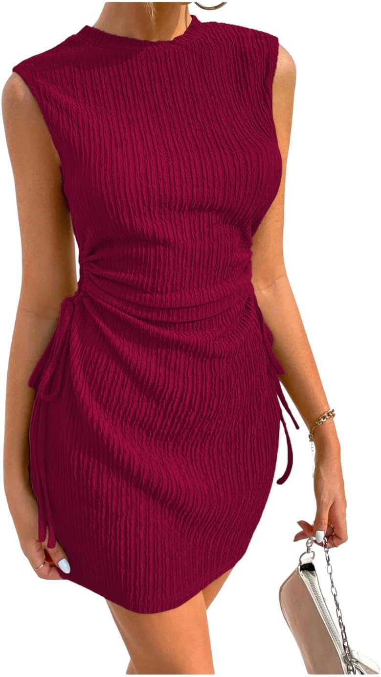 GORGLITTER Women's Ruched Bodycon Mini Dress Wedding Guest Dress Cut Out Drawstring Textured Tank Prom Party Dresses