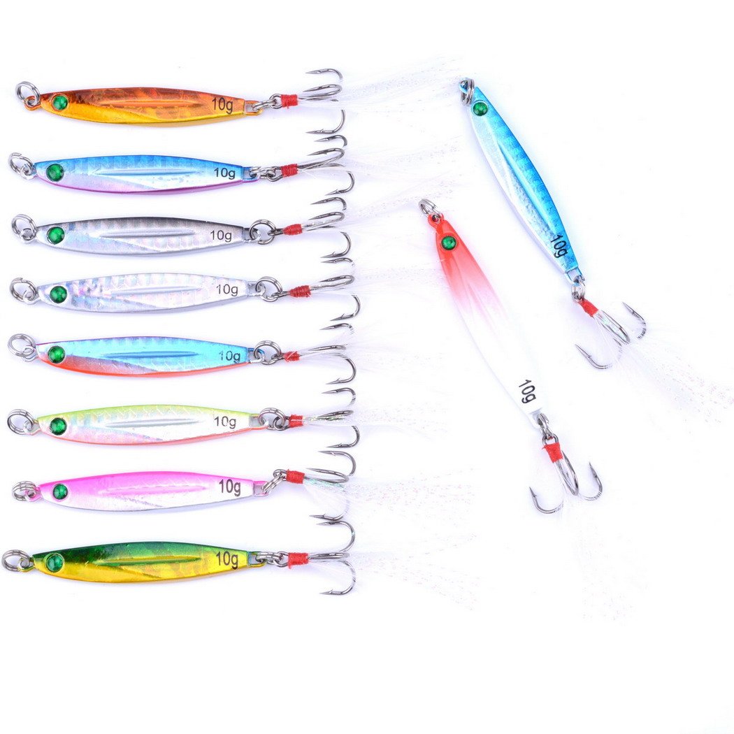 10pcs Hard Metal Jigs Diving Sea Fishing Lures Minnow Popper Baits Tackle Crankbait Saltwater Freshwater Lures with Feather