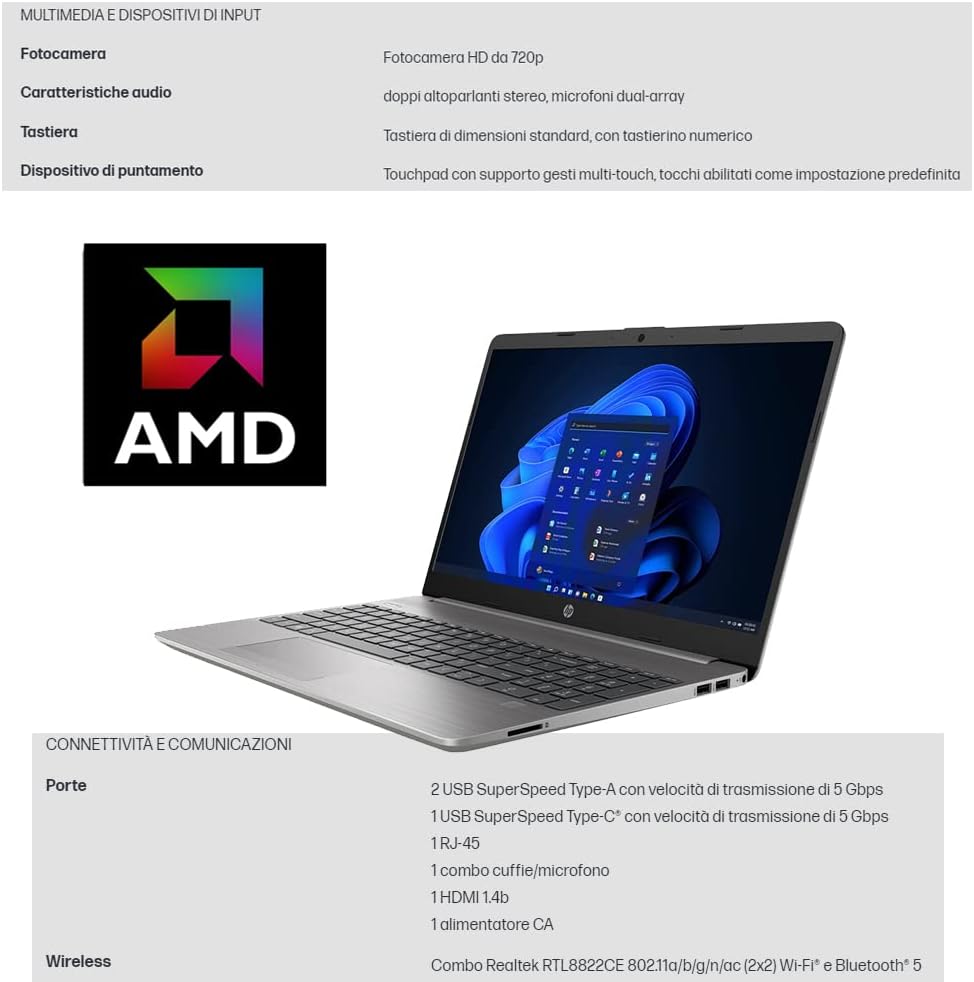 HP 255 G9 | Pc portatile notebook | Ram 16 GB ddr4 | SSD 1 TB | Amd 3050U | Silver | Display 15.6 | FHD | BT | WiFi | Windows 11 Pro | Office Pro | Computer portatile Pronto alluso