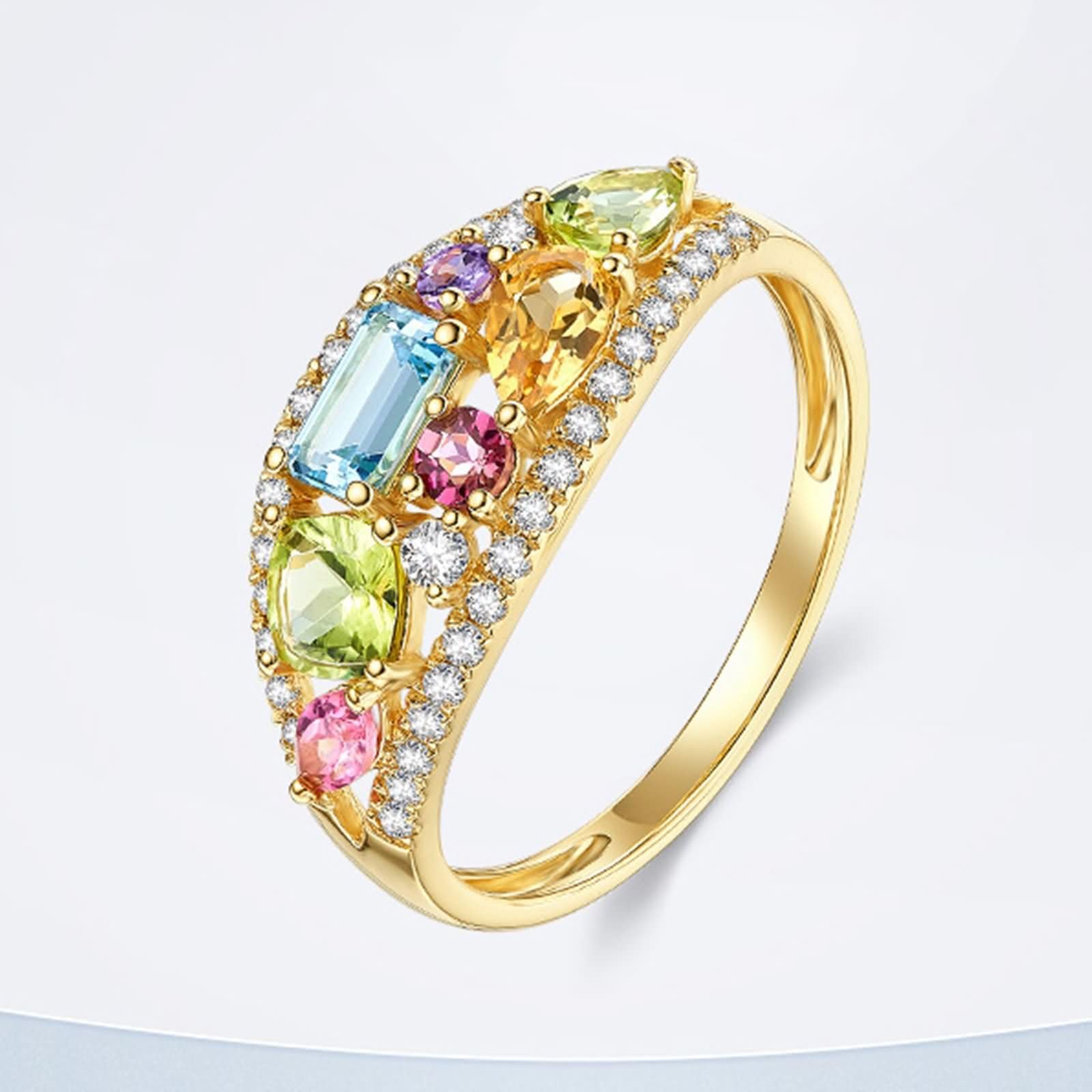 9K damski pierścionek z żółtego złota, geometryczny z kolorowymi kamieniami szlachetnymi 1,2 ct, pierścionek ślubny, żółte złoto, rozmiar 11 (51 mm)