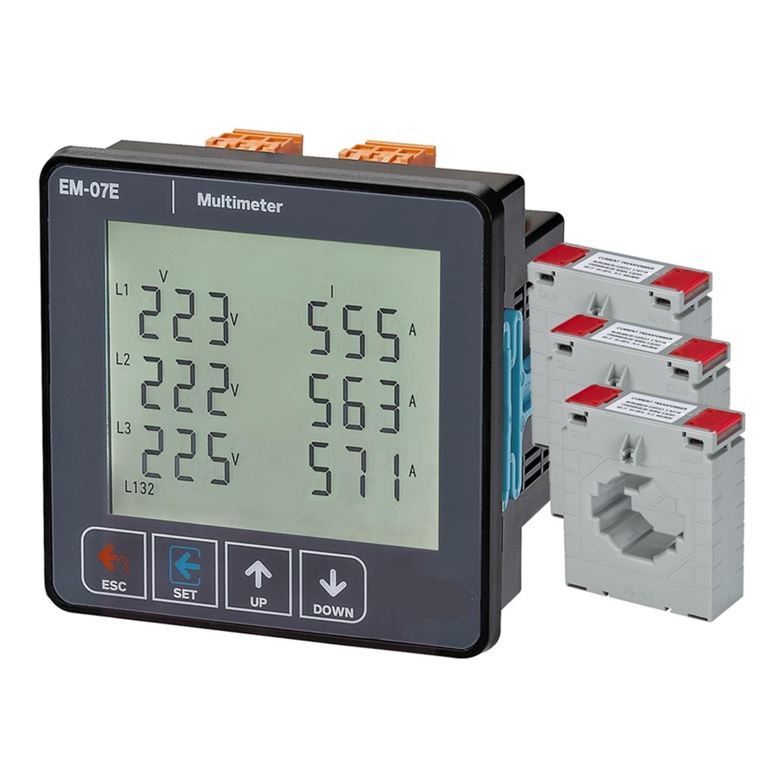 Multimètre EM-07E 3P 4W pour mesure triphasée précise avec 3 transformateurs de courant 600A - 3