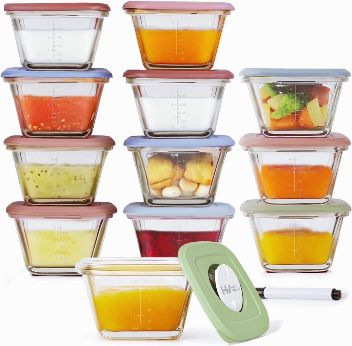 HEYVALUE Baby Food Containers, 12 Container Set, 4 oz Glass Baby Food Jars With Lids, Small Baby Food Maker, Infant Storage Container, Microwave, Dishwasher & Freezer Safe, BPA Free