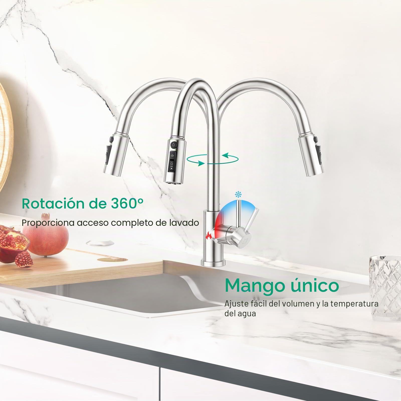 CREA Grifo de cocina de 3 vías,Giratorio a 360° Grifo Monomando Fregadero De Cocina Para Filtro De Agua,3 En 1 Grifo De Fregadero De Cocina Para Sistemas De Ósmosis Latón,Acero Inoxidable Cepillado