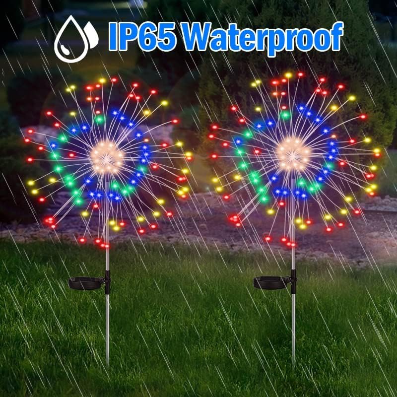 2 Pack Solar Garden Decorative Flowers Firework Lights Outdoor, 150 LED 8 Lighting Modes Color Changing Waterproof Landscape Stake Light for Garden Patio Yard Pathway Lawn Party Decor(Multi-Color)