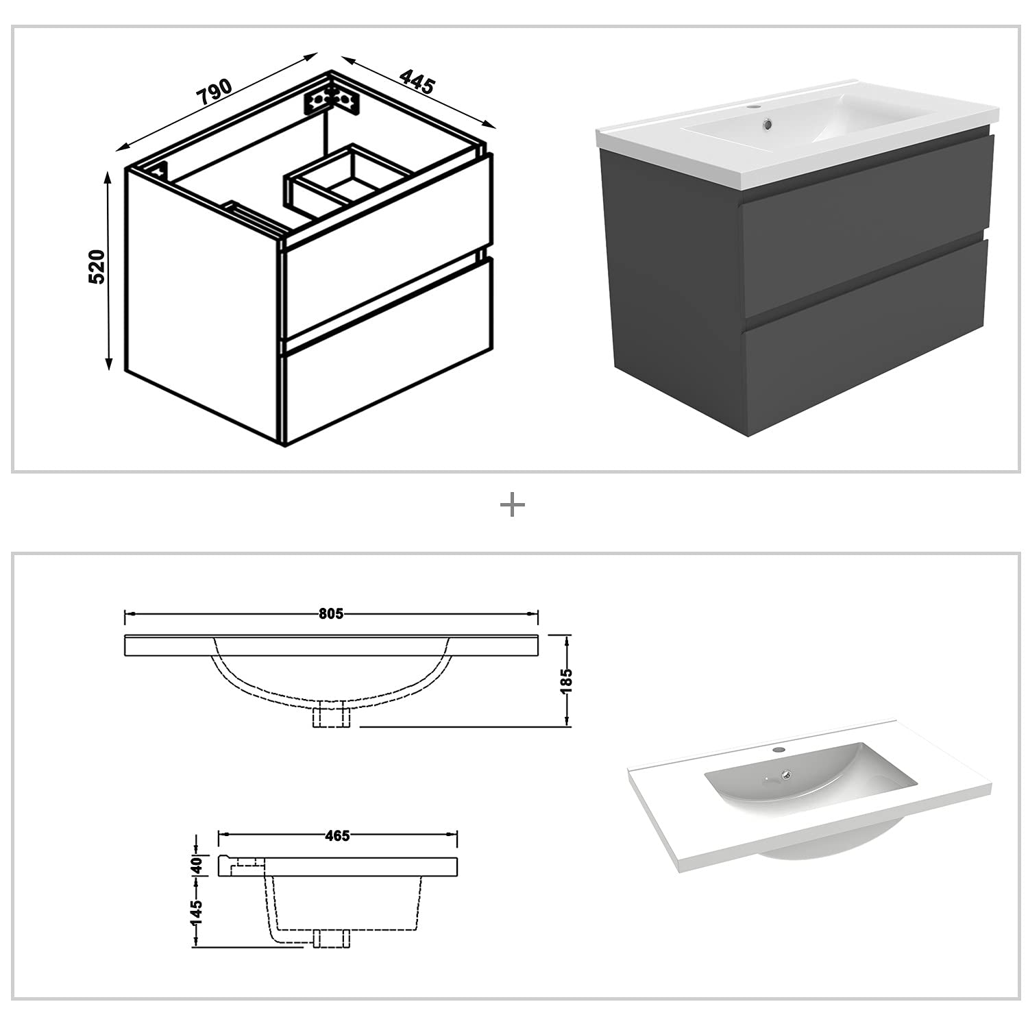 AICA Meubles Salle de Bain 80cm avec Colonne + Miroir Lumineux 3 Couleurs Anthracite