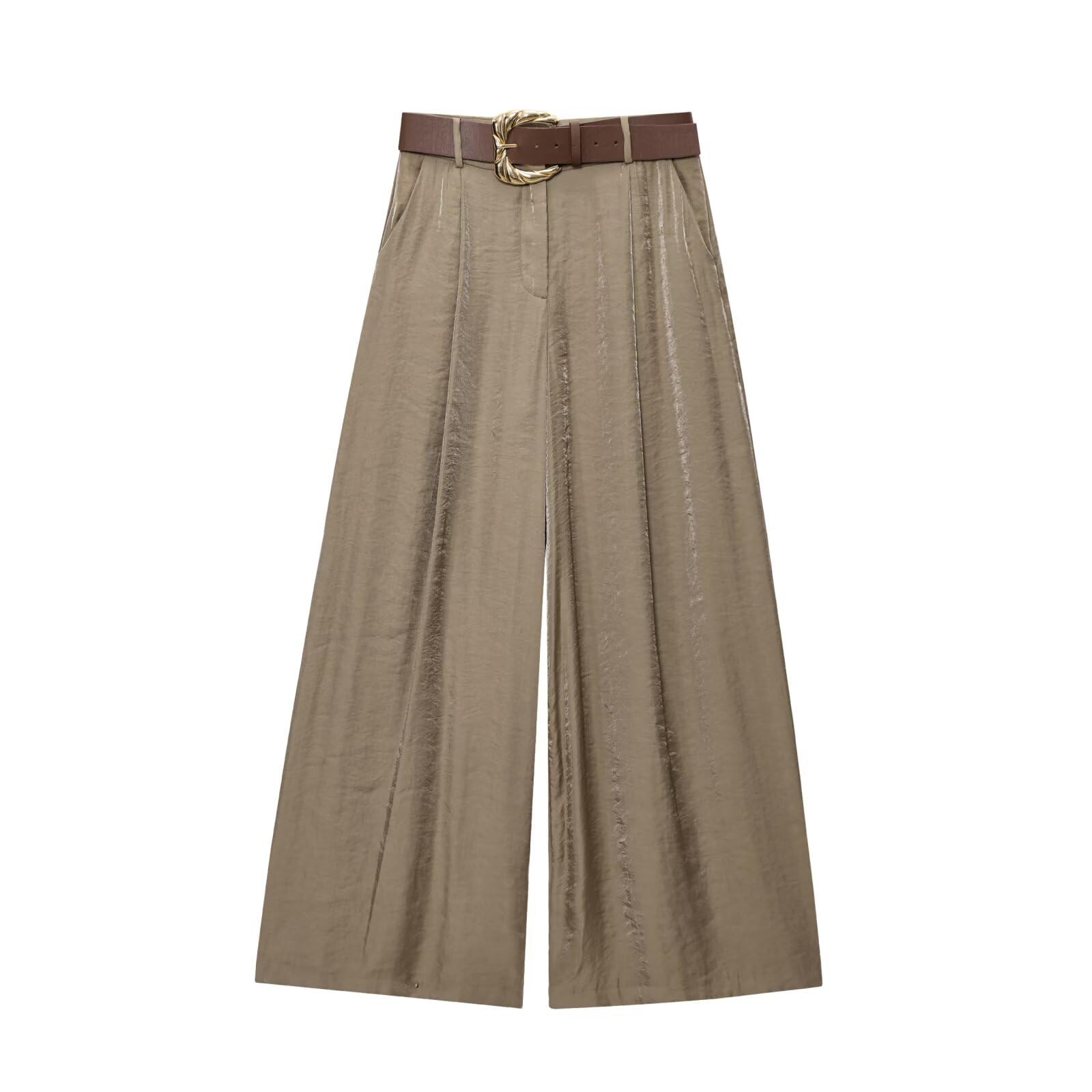 Minimalist Gold Satin Wide Leg Pants Womens French Office Ladies Lazy High Waist Loose Pants Trousers Women