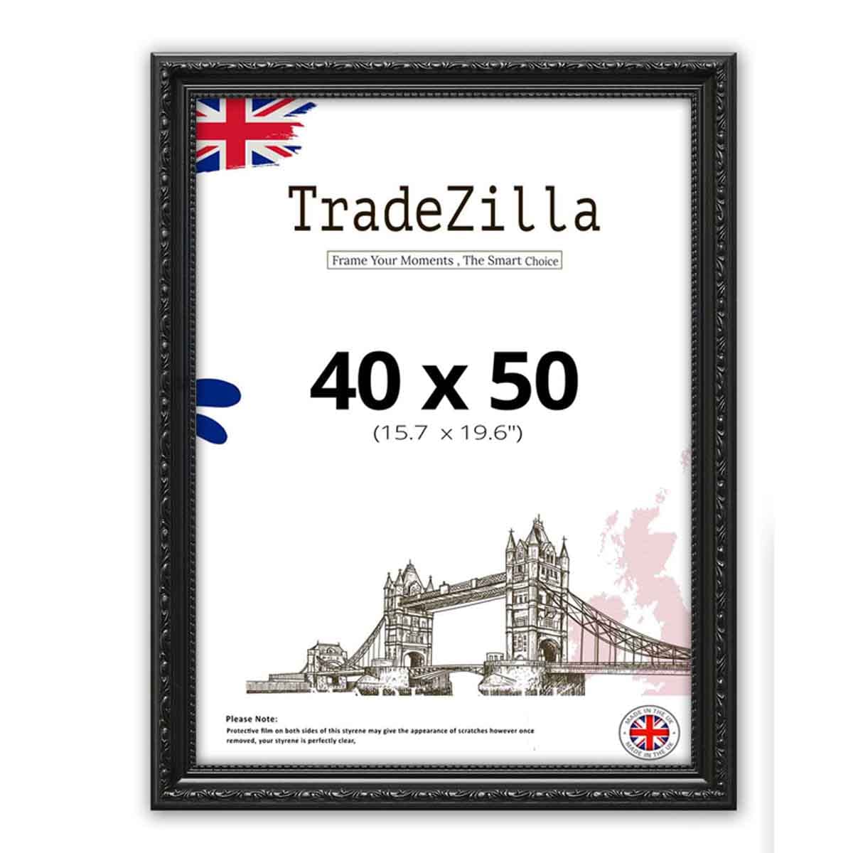 Tradezilla Black Antique Style Frame 40X50 Cm Size - Ornate Shabby Chic Picture/Photo/Poster Vintage Frame With Mdf Backing Board Perspex- For Gift Wall Gallery-40X50 Cm (15.7X19.7)