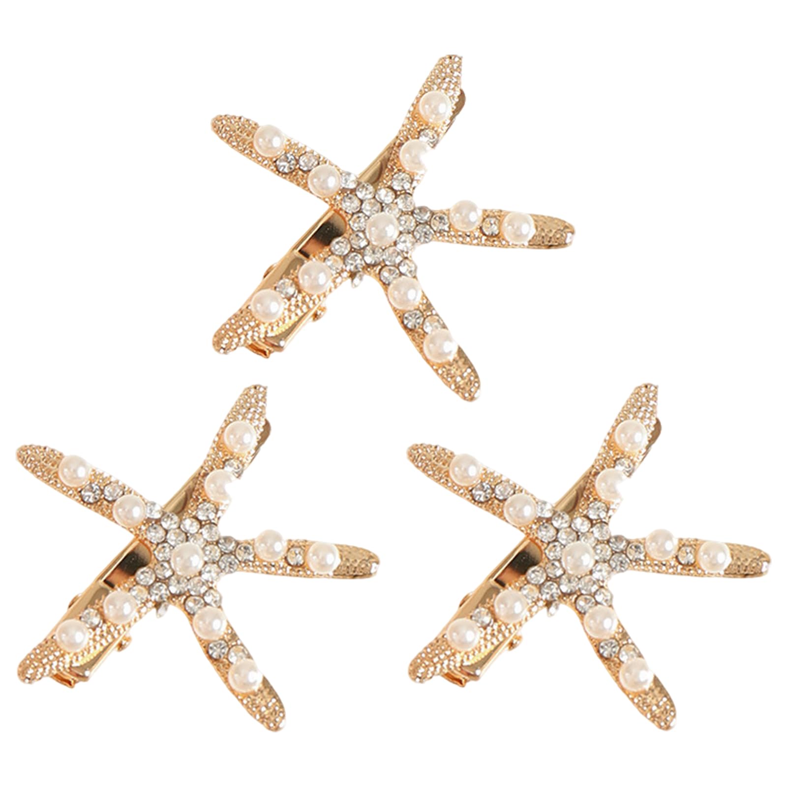 Hair Clips - Homiladi 3Pcs Gold Starfish Hair Clip with Pearls & Rhinestones, Golden, 1 count (Pack of 3)