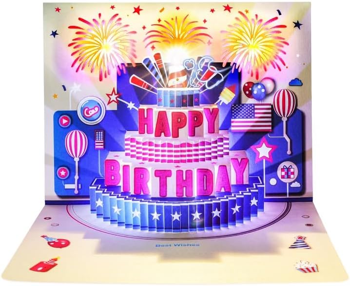 ZOEDO Happy Birthday Card, 3D Musical Birthday Pop Up Card, Blow Out LED Light Candle & Sound Fireworks Cake Birthday Greeting Cards with Blank Note Card and Envelope for Kid Husband, Men, Women, Mom