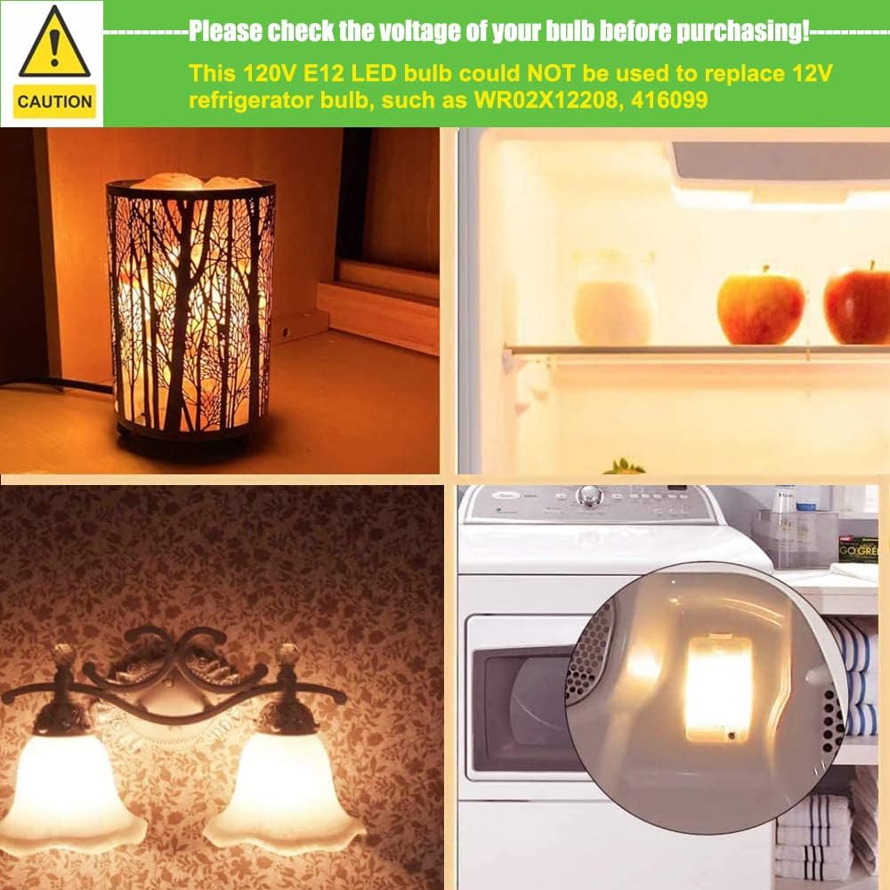 E12 Dryer LED Light Bulb for Dryer Drum and Specific 120V S6 Water Dispenser Light Bulb WE05X20431, Candelabra Base Night Light, Salt Lamp, 2W Warm White 2700K-3000K 2-Pack