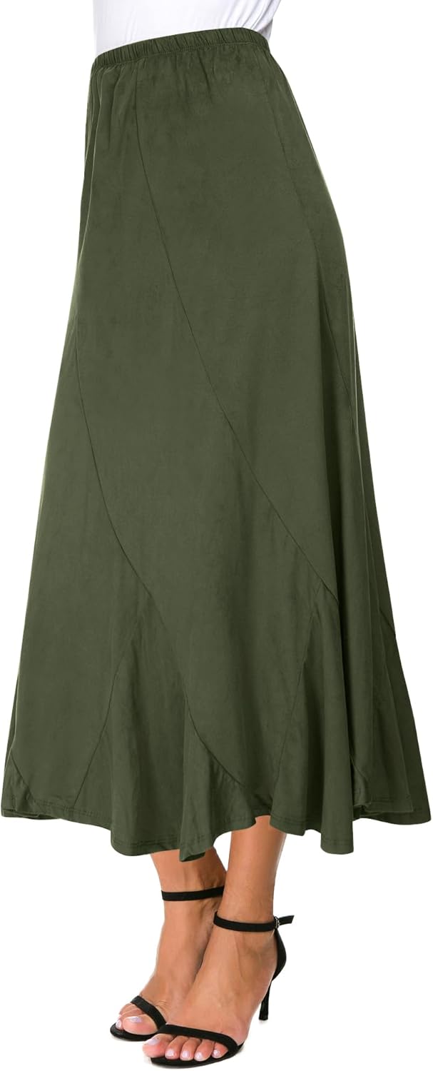 Urban CoCo Women's Faux Suede Elastic Waist Midi Long Skirt A Line Women Flowy Fall Winter Skirts - Image 2
